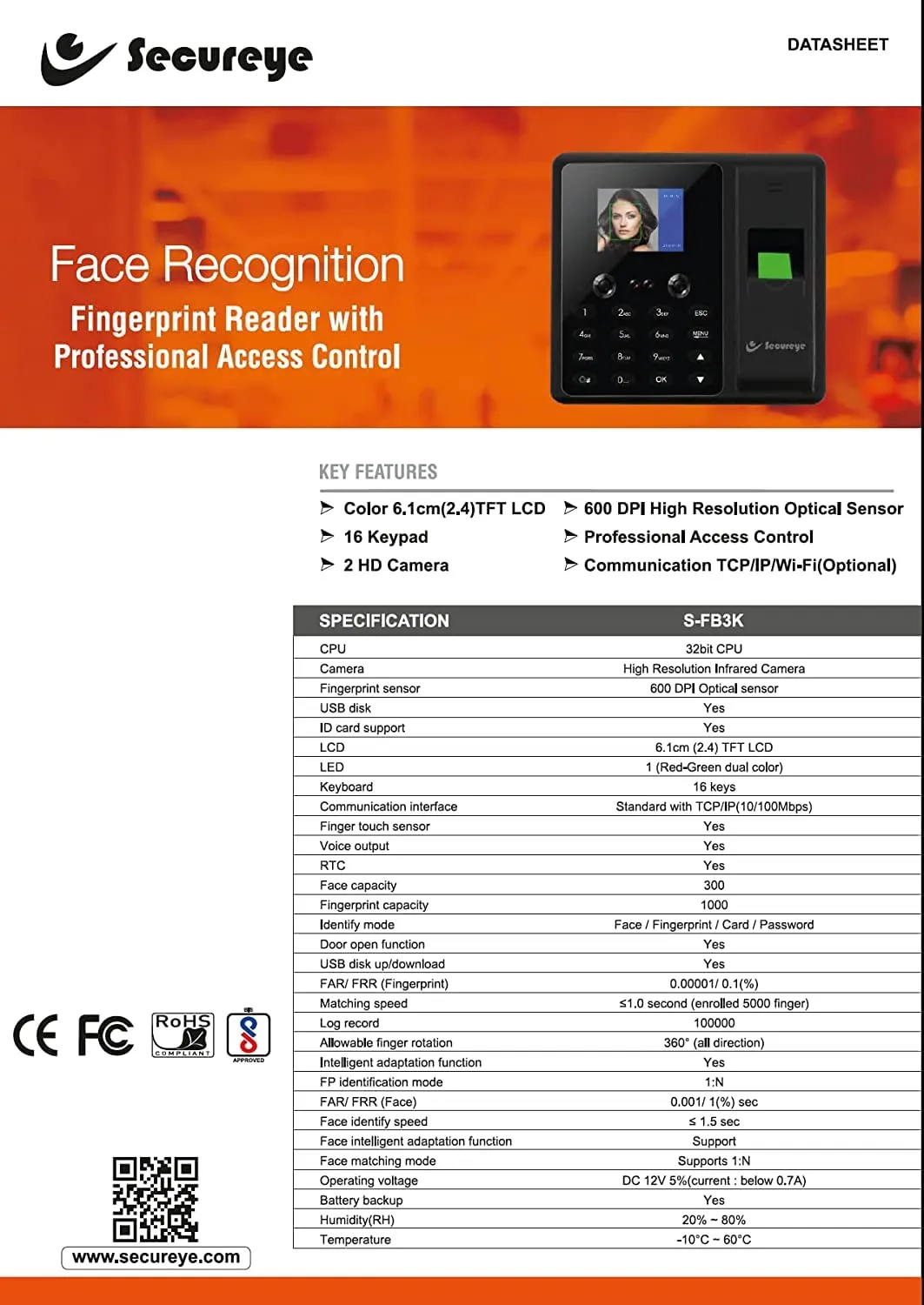 Secureye Biometric Face With WiFi (S-FB3K) view 3